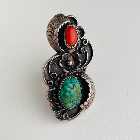 Vintage Jewelry - Vintage sterling silver Turquoise coral flower Navajo Ring